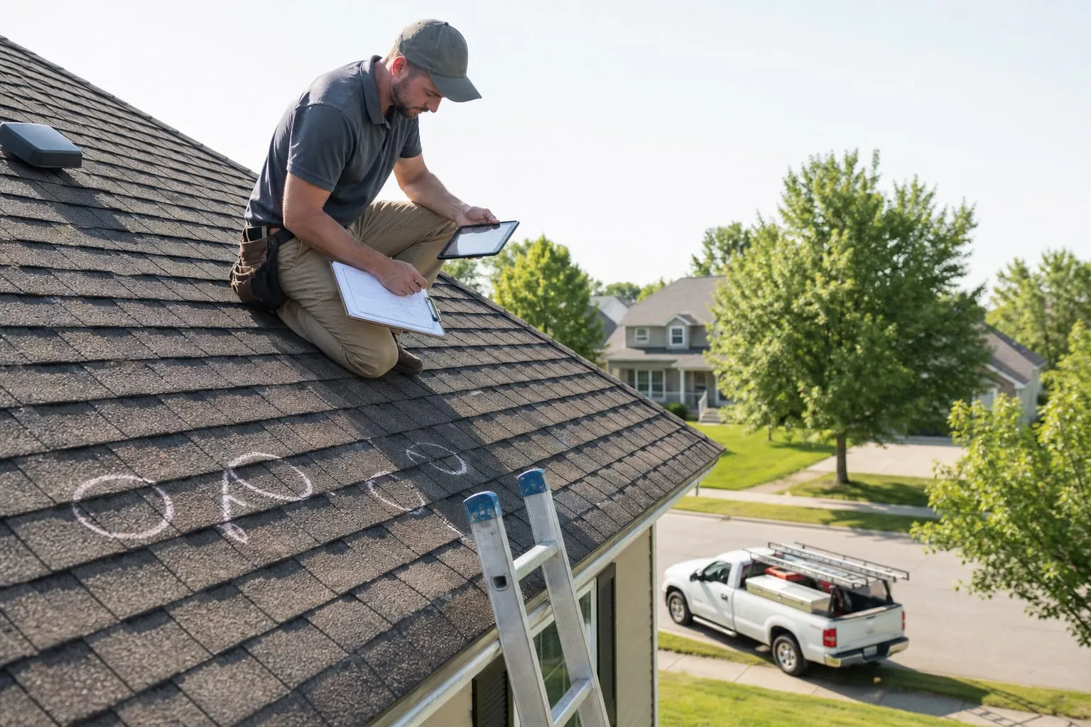 An independent insurance adjuster on a residential roof with a clipboard and a tablet, marked chalk circles on shingles, a ladder against the gutter, and a c...