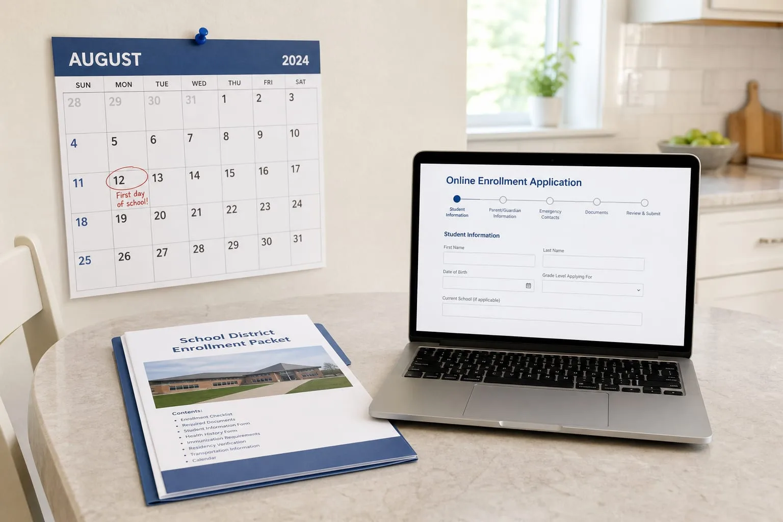 A wall calendar pinned beside a school district enrollment packet and a laptop showing an online application form on a kitchen table