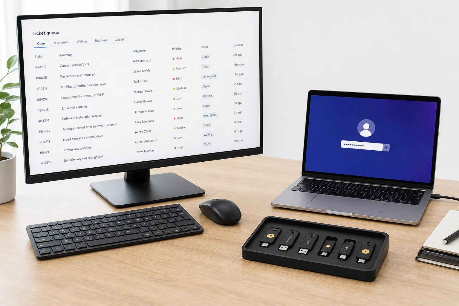 An IT support desk with a ticket queue displayed on a monitor, a tray of hardware security keys and a laptop open to a login screen