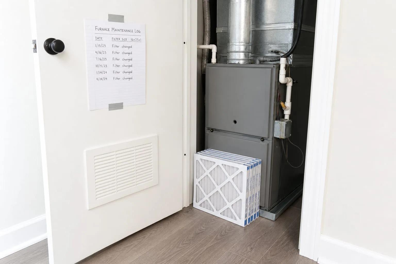 A furnace closet with a stack of unopened pleated air filters on the floor beside the unit and a handwritten maintenance log taped inside the open door