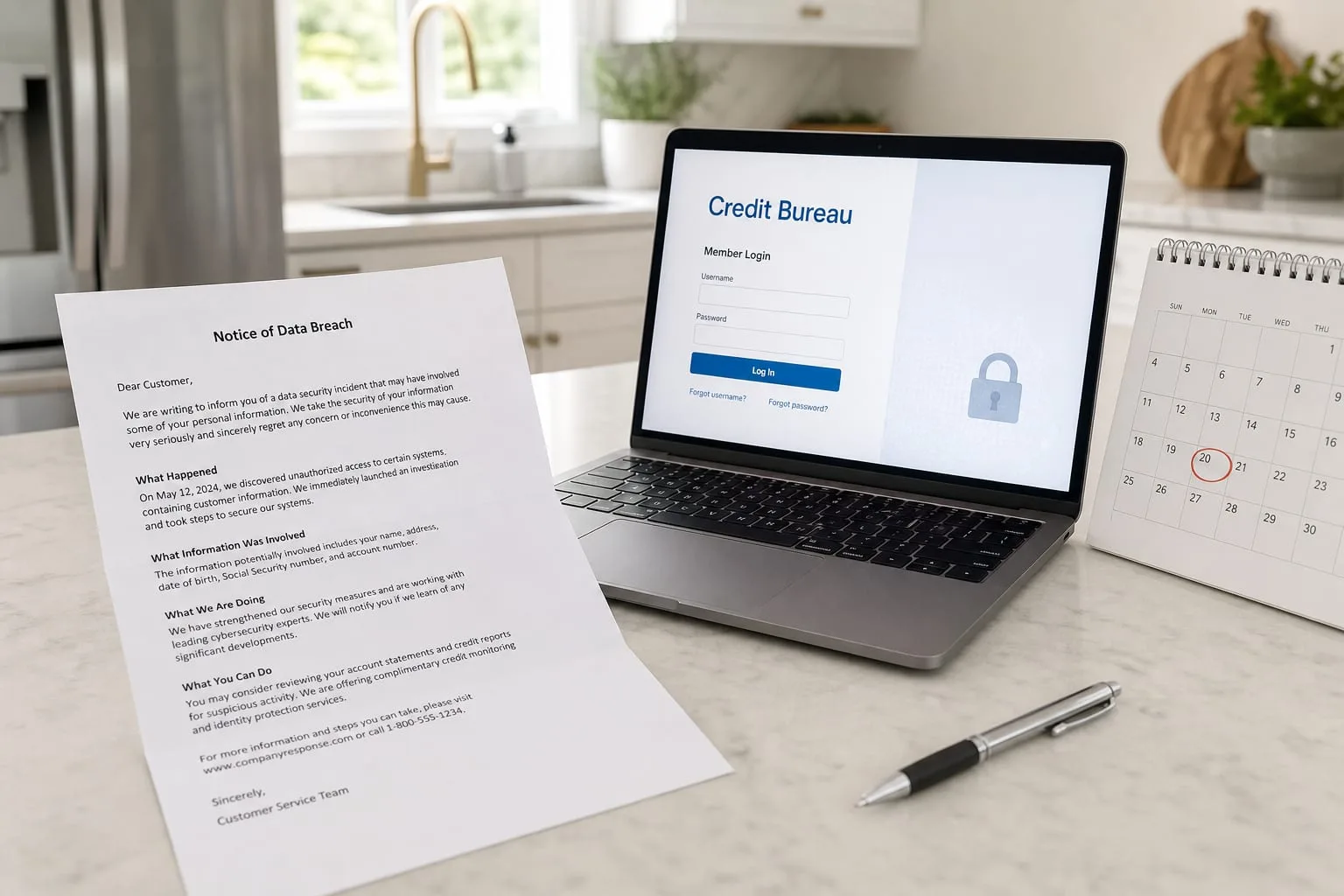 An opened data breach notification letter on a kitchen table beside a laptop showing a credit bureau login page, with a wall calendar and a pen nearby