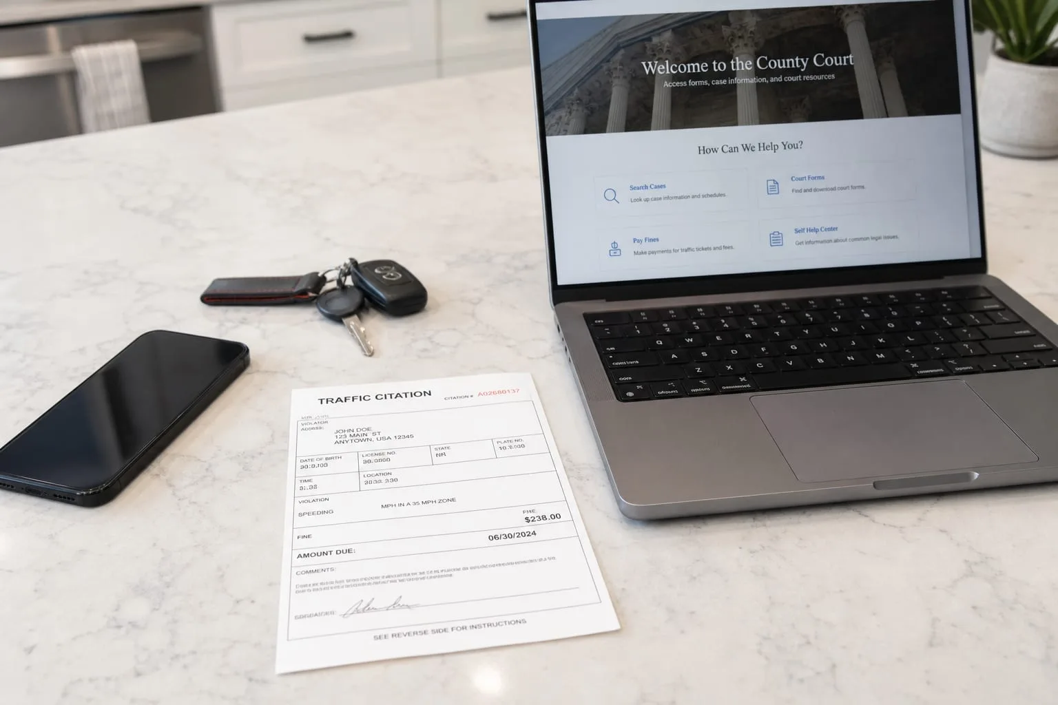 A traffic citation lying face up on a kitchen table next to a phone, a set of car keys, and an open laptop showing a court website