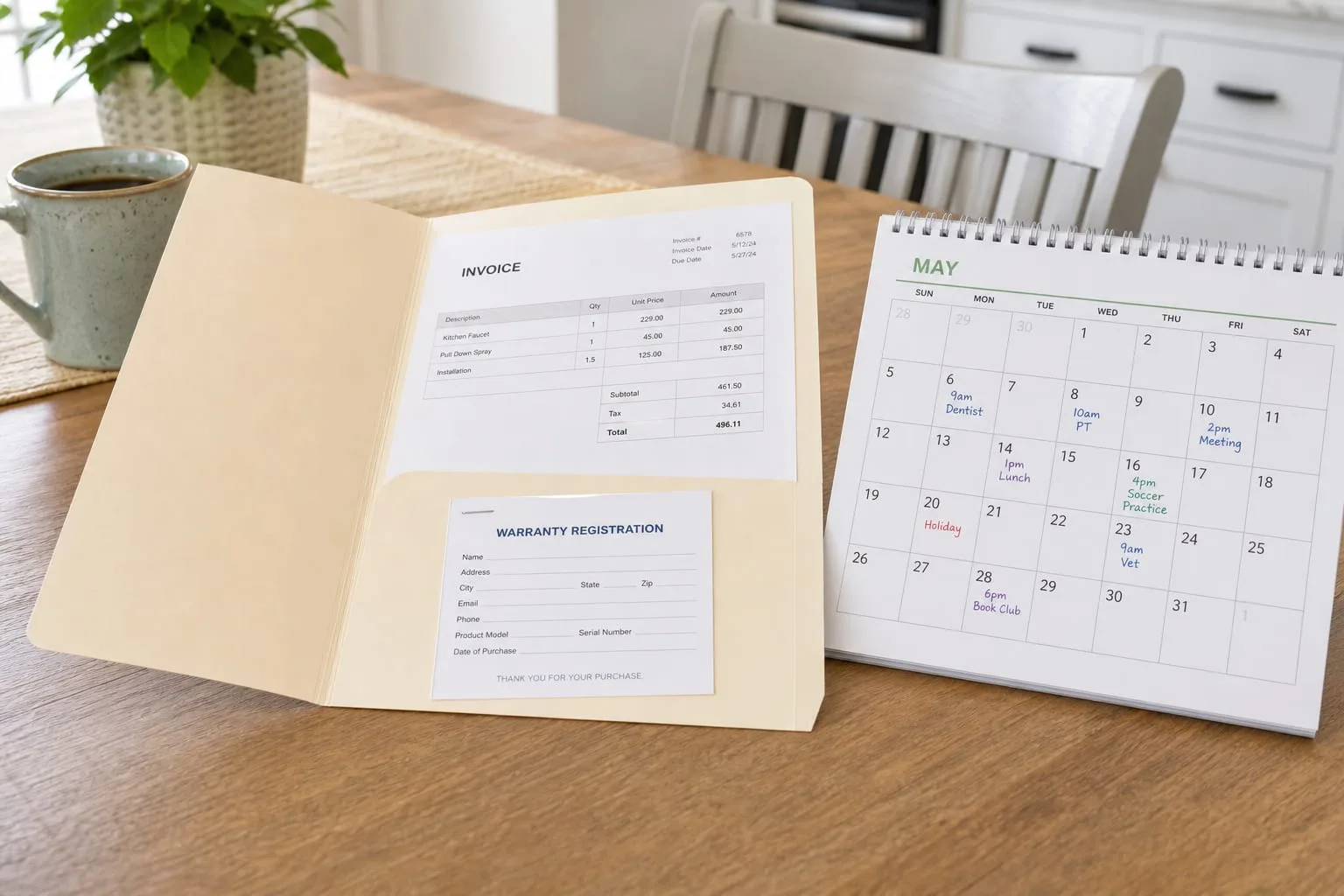 A homeowner's kitchen table with a manila folder open, showing an invoice, a stapled warranty registration card, and a wall calendar marked with several week...