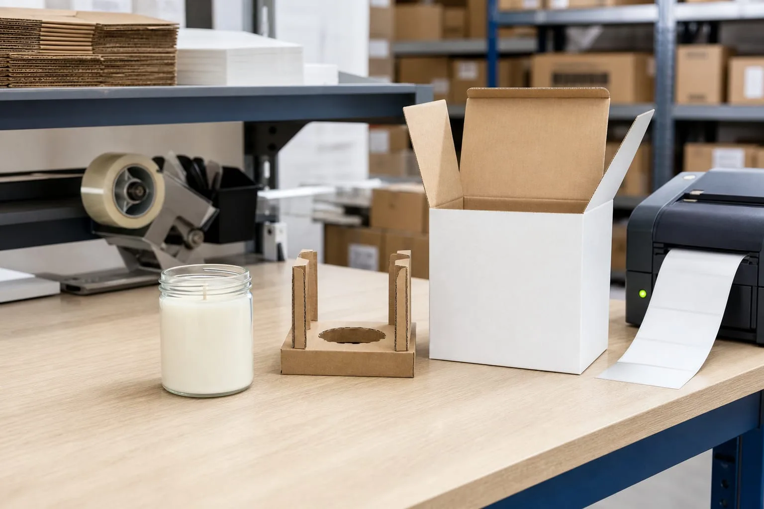 A pack station in a fulfilment warehouse with a twelve-ounce glass candle jar, a corrugated insert, and a shipping box partially assembled on the bench besid...