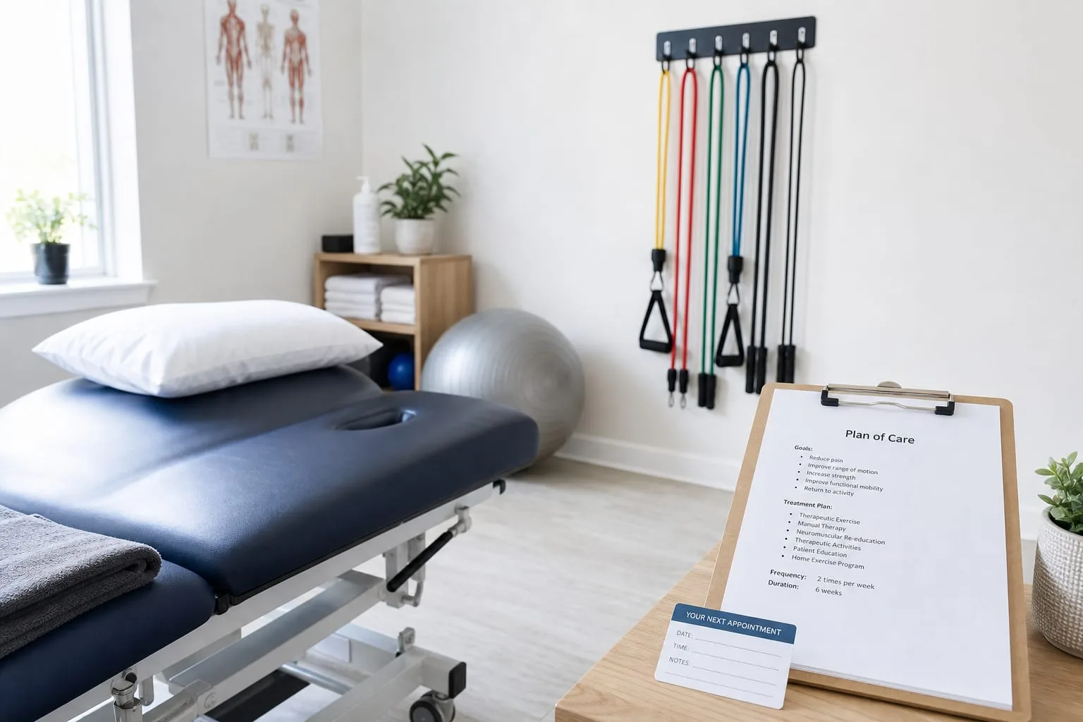 A physical therapy clinic treatment room with a padded table, resistance bands on a hook, and a printed plan-of-care sheet on a clipboard beside an appointme...