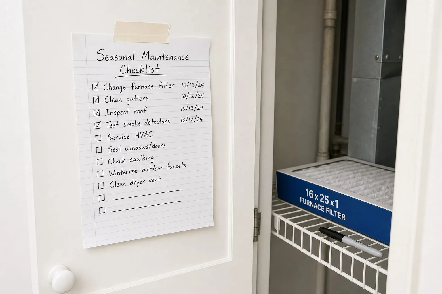 A handwritten seasonal maintenance checklist taped inside a utility closet door, some lines dated in pen and others left blank, with a furnace filter box and...