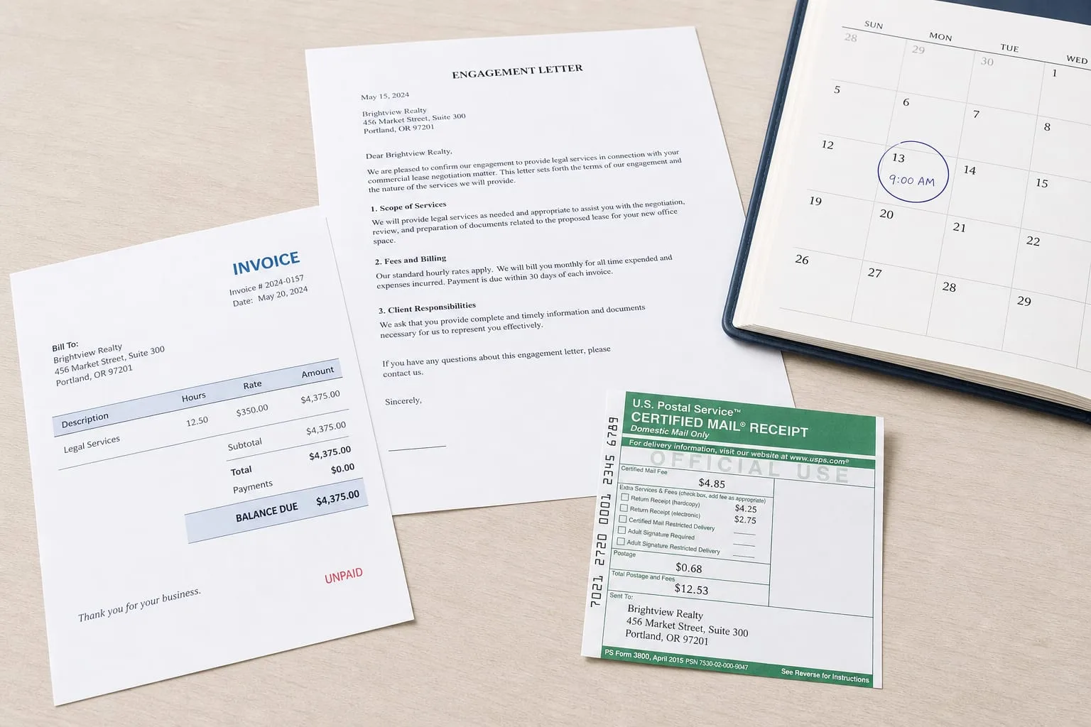 A single-page unpaid invoice on a desk beside a printed engagement letter, a certified mail receipt, and an open calendar with one weekday morning circled
