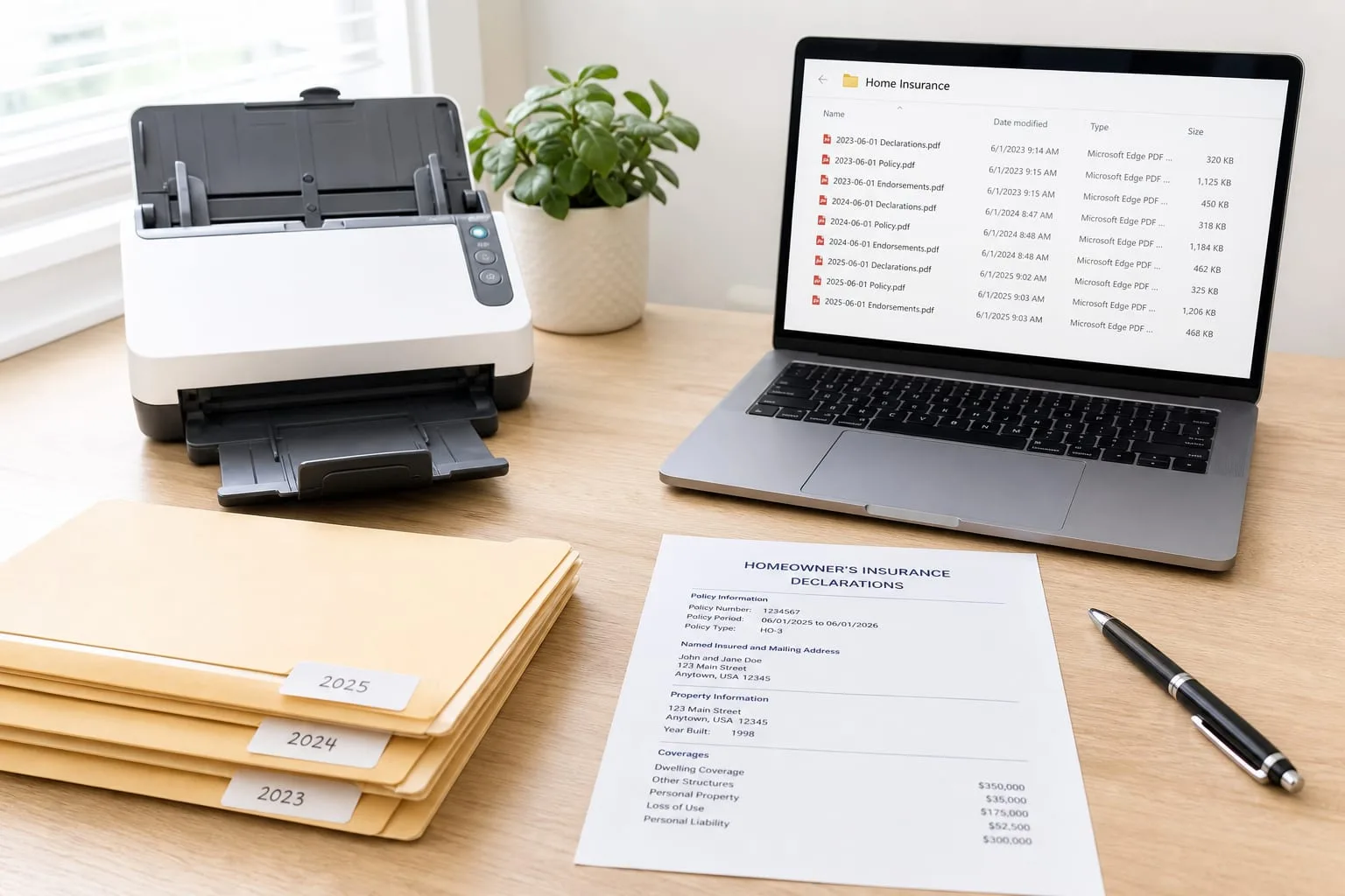 A home office desk with an open document scanner, a stack of labeled manila folders, a homeowner's insurance declarations page, and a laptop showing a folder...