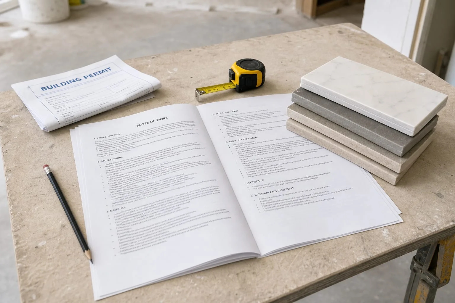 A printed multi-page scope of work document spread across a job site table, with a pencil, a tape measure and a folded permit beside it, partly weighted down...